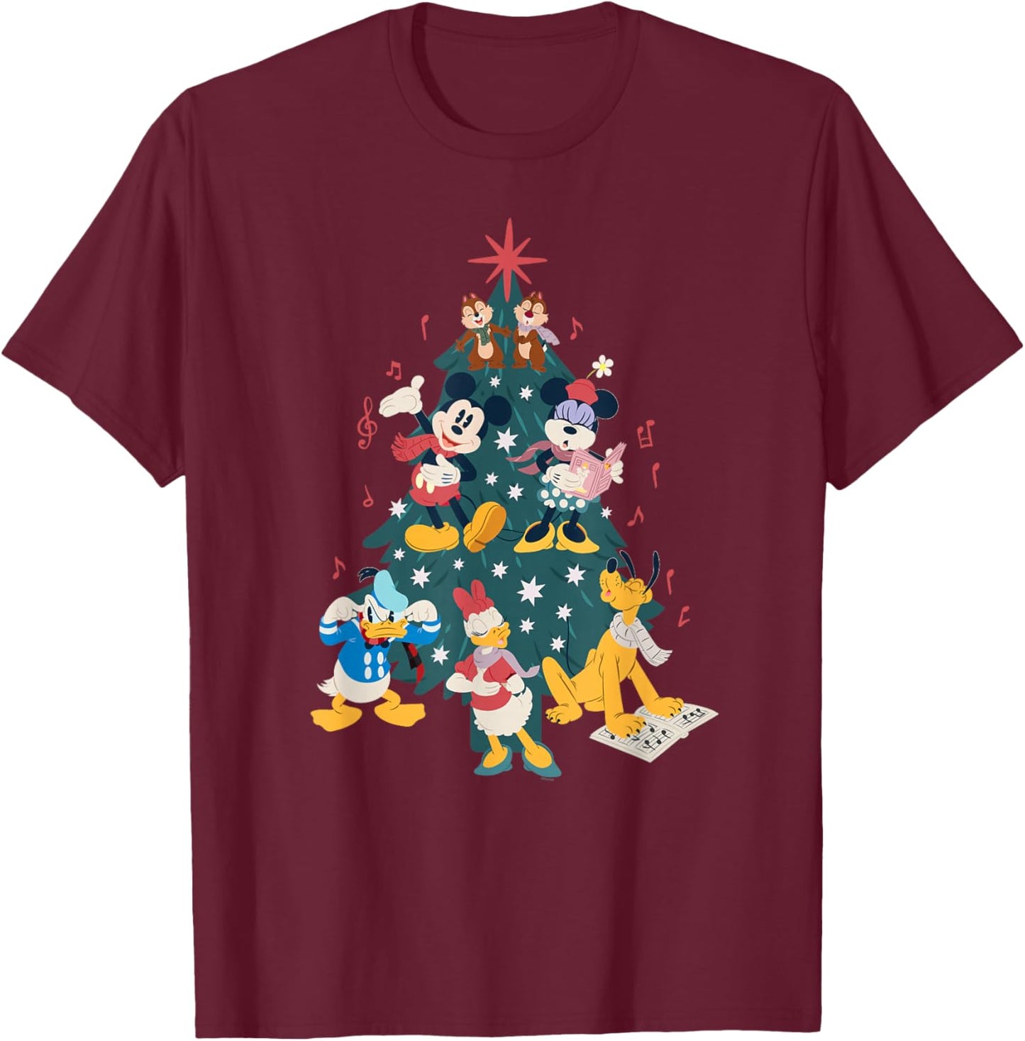 Disney Mickey & Friends Holiday Retro Christmas Tree Carols T-Shirt - T-Shirt | Maroon