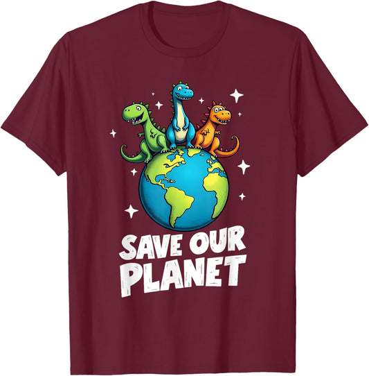 Save Our Planet with Dinosaurs Cute Earth Day for Kids T-Shirt - T-Shirt | Maroon
