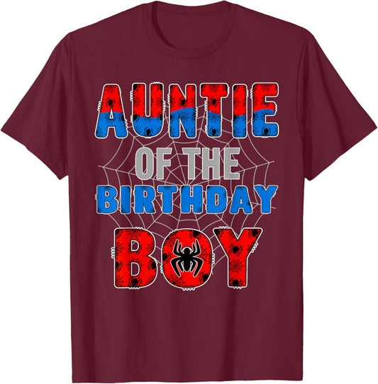 Auntie of the Birthday Boy Family Spider Web Birthday Party T-Shirt - T-Shirt | Maroon