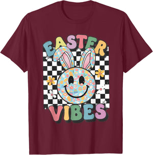 Retro Groovy Easter Vibes Bunny Checkered Smile Girls T-Shirt - T-Shirt | Maroon