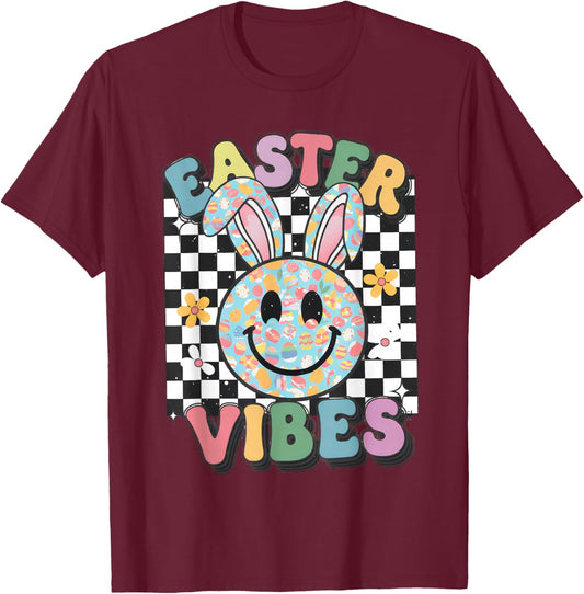 Retro Groovy Easter Vibes Bunny Checkered Smile Girls T-Shirt - T-Shirt | Maroon