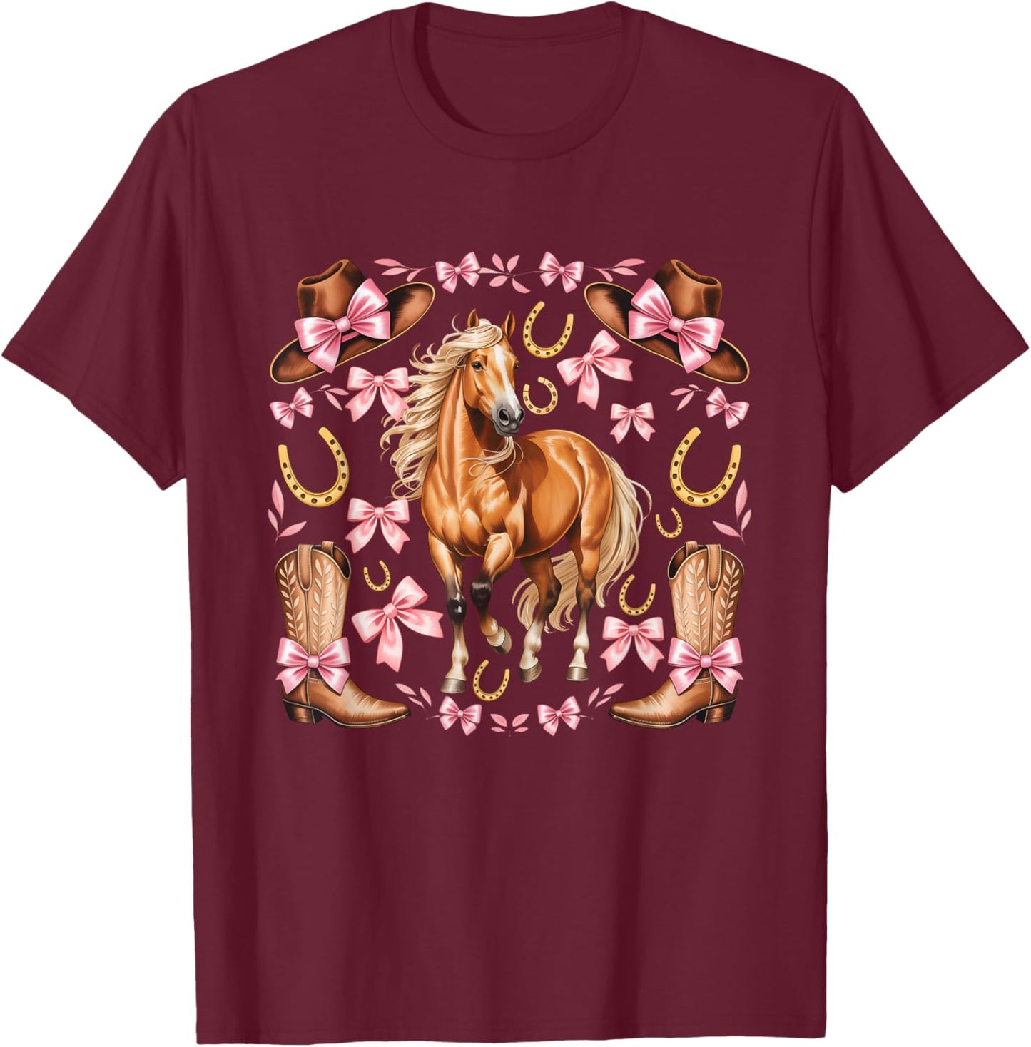 Western Girl Country Rodeo Pink Cowgirl Horse Coquette Bow T-Shirt - T-Shirt | Maroon