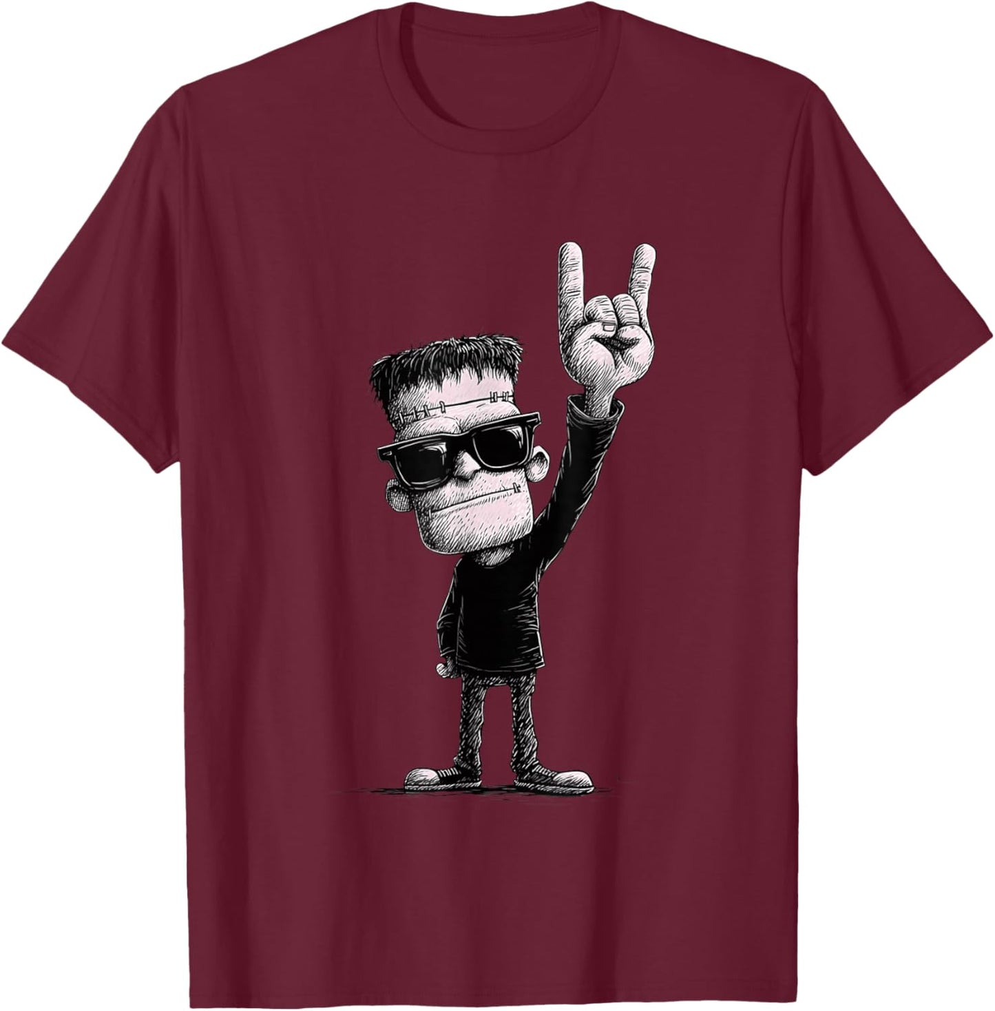 Rock On Frankenstein Halloween Style T-Shirt - T-Shirt | Maroon