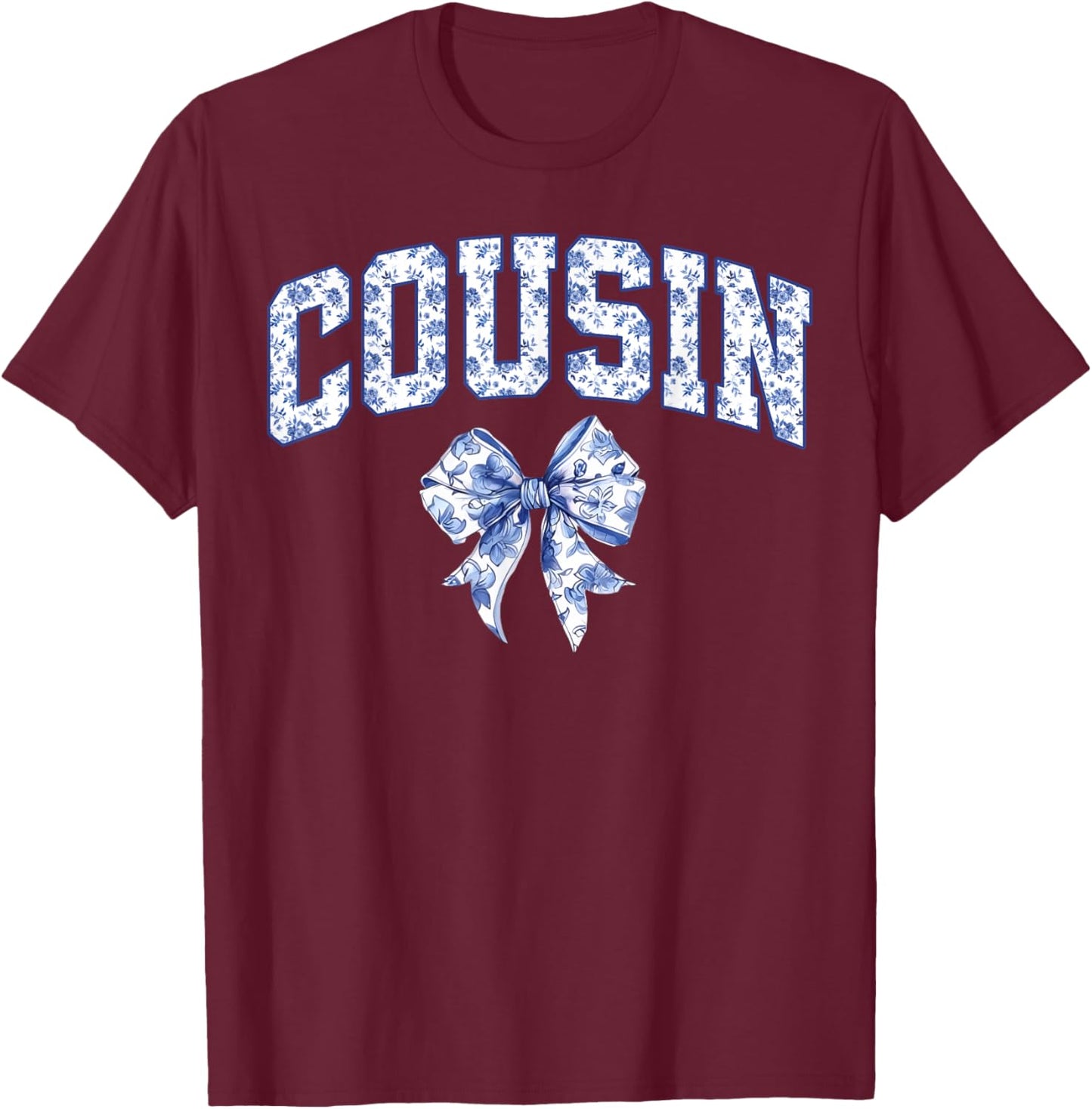 Cousin Coquette Toile Blue Bow Floral Family Matching T-Shirt - T-Shirt | Maroon