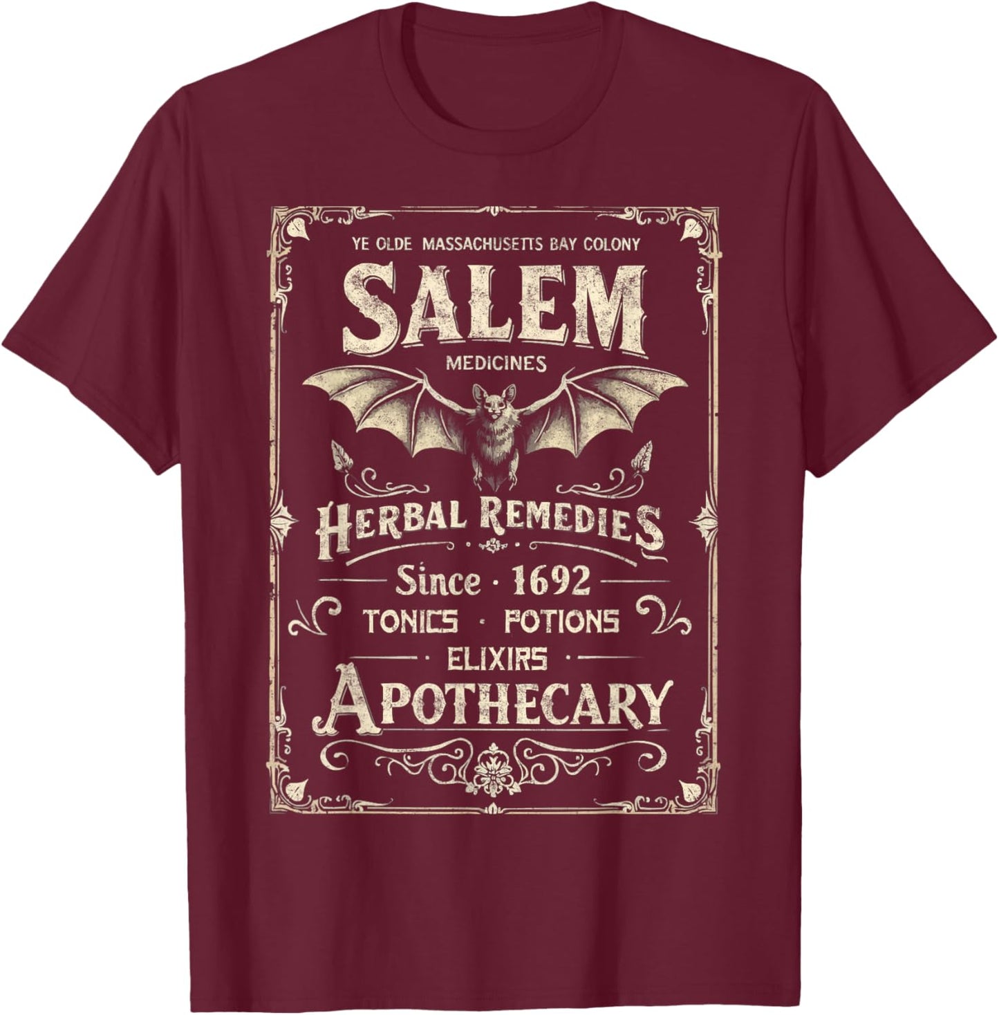 Vintage Salem 1692 Medicines Apothecary Funny Halloween T-Shirt - T-Shirt | Maroon