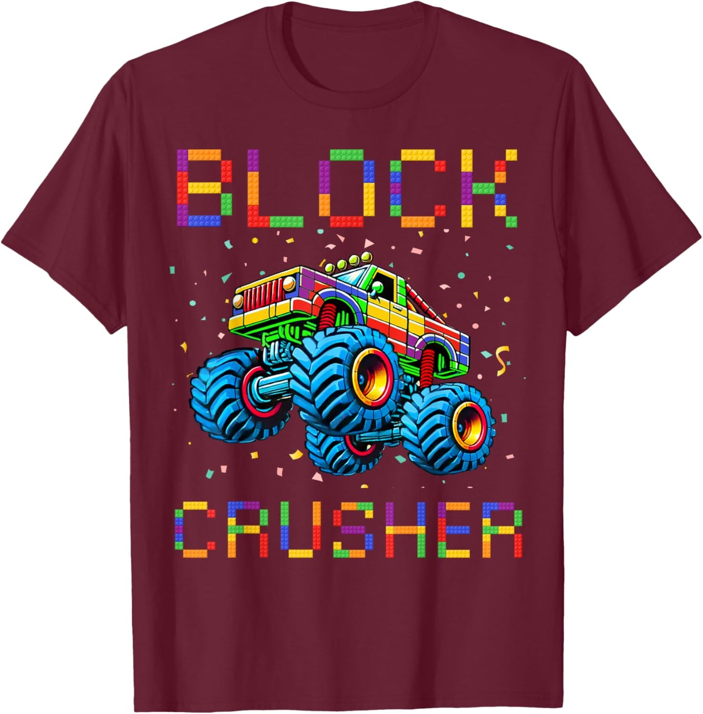 Block Builder Funny Building Block Bricks Monster Truck Kids T-Shirt - T-Shirt | Maroon