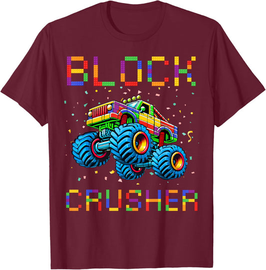 Block Builder Funny Building Block Bricks Monster Truck Kids T-Shirt - T-Shirt | Maroon