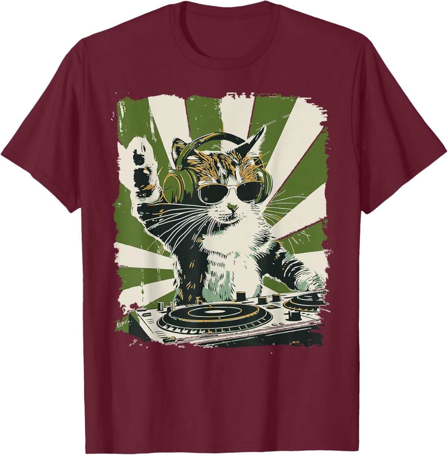 Funny Cat with Headphones & Sunglasses Vintage Art T-Shirt - T-Shirt | Maroon