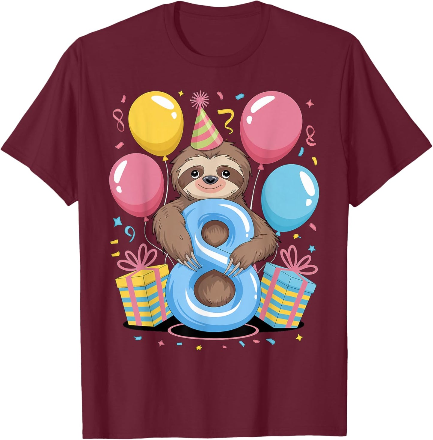 Sloth 8th birthday boy girl 8 years old eighth eight Sloth T-Shirt - T-Shirt | Maroon
