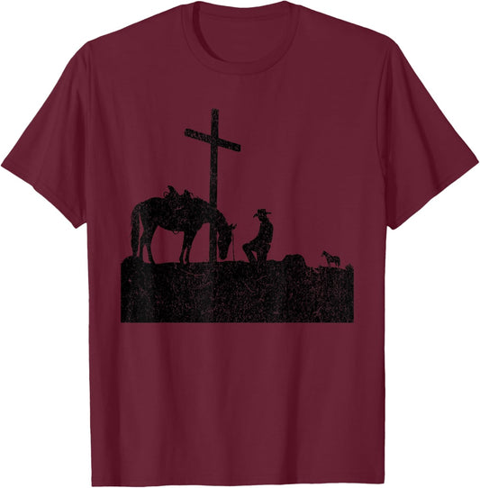 Cowboy Kneeling at Cross Western Jesus for Faith T-Shirt - T-Shirt | Maroon