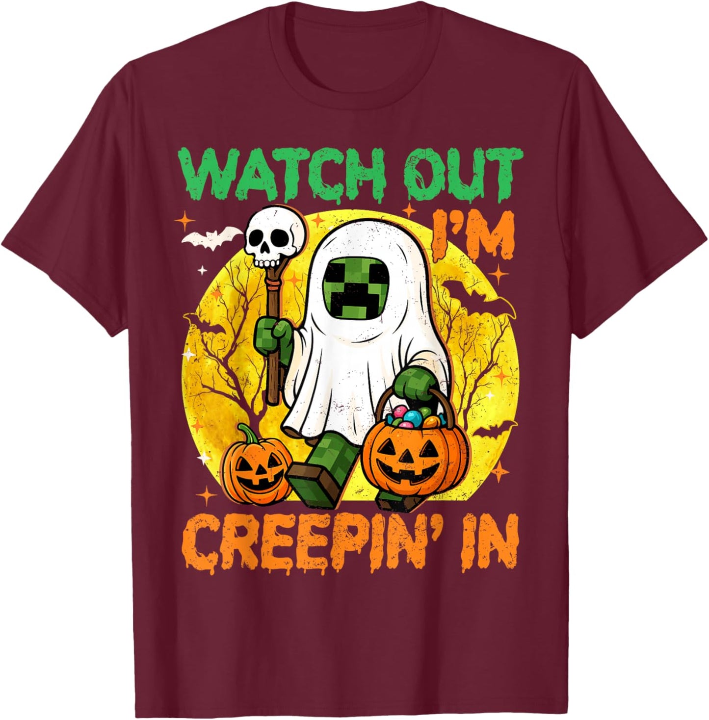 Boys Halloween Shirt Kids Game Pixel Ghost Creepin in Spooky T-Shirt - T-Shirt | Maroon