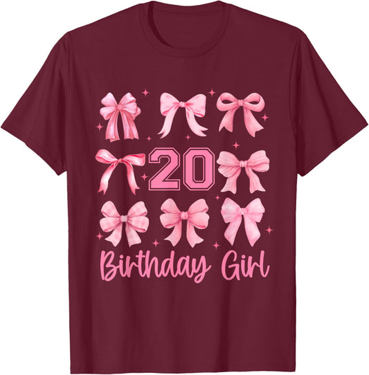 20 Years Old Birthday Girl Pink Bow Girls Kids Cute Birthday T-Shirt - T-Shirt | Maroon