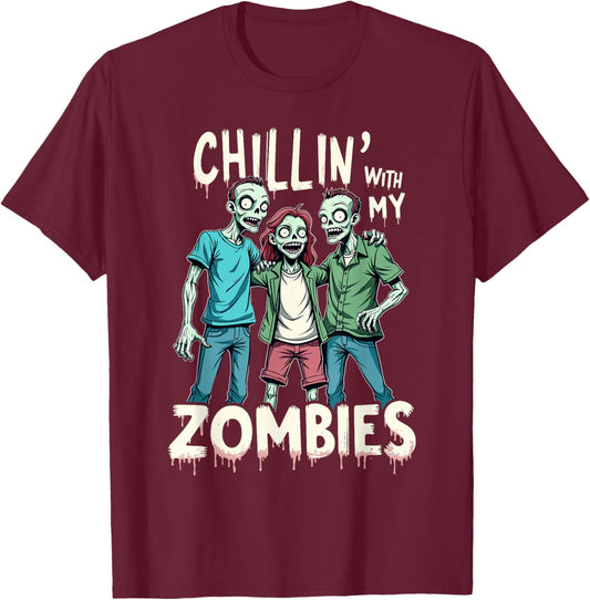 Chillin With My Zombies Funny Zombie Costume Boys Halloween T-Shirt - T-Shirt | Maroon
