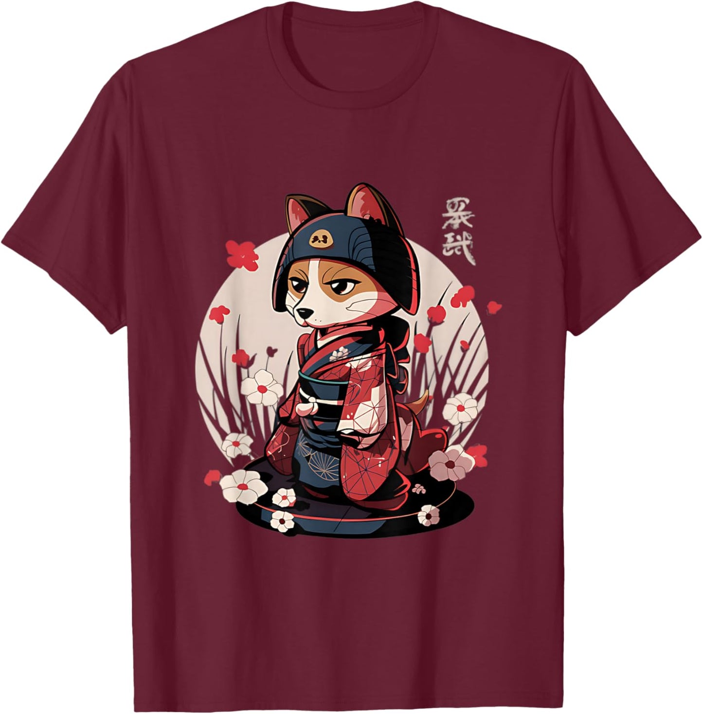 Japanese Samurai Dog Tattoo Kawaii Ninja Dog T-Shirt - T-Shirt | Maroon