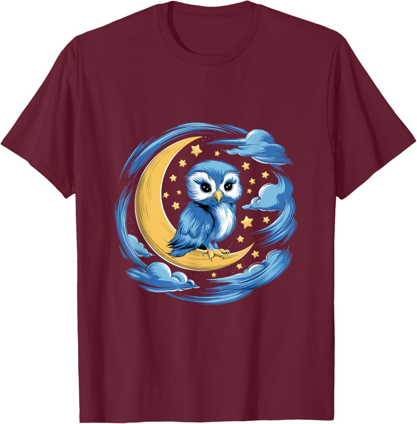 Lovely Owl Sitting On Crescent Moon With Stars T-Shirt - T-Shirt | Maroon