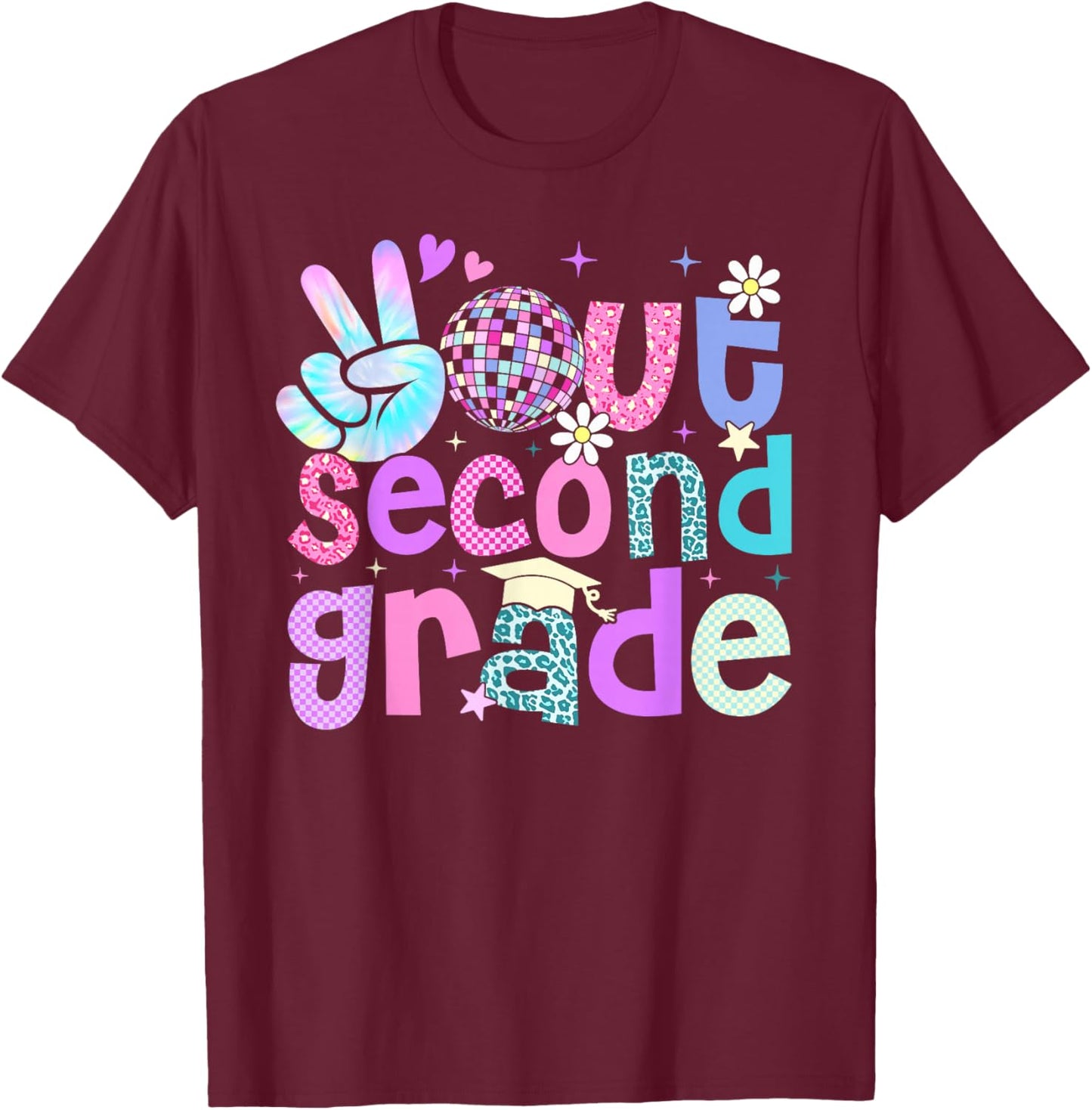 Peace Out Second Grade Last Day Of 2nd Grade Leopard T-Shirt - T-Shirt | Maroon