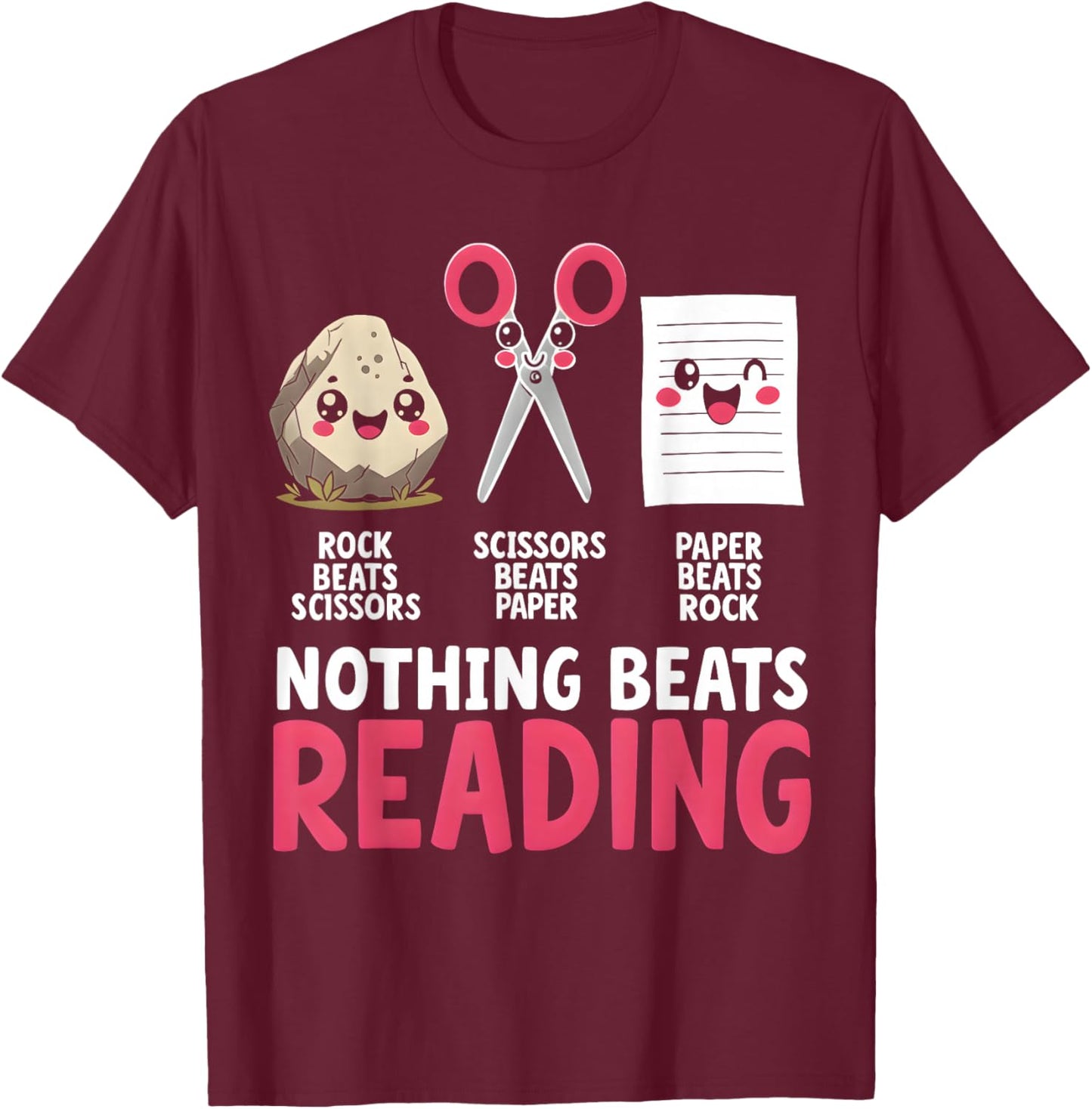Nothing Beats Reading Rock Paper Scissors Book Lover Library T-Shirt - T-Shirt | Maroon