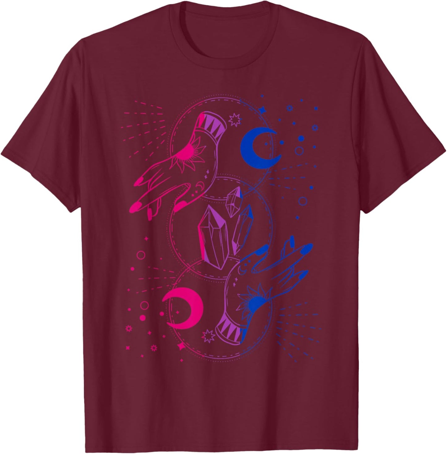Mystical Bisexual Hands with Crystals and Moon Magic T-Shirt - T-Shirt | Maroon