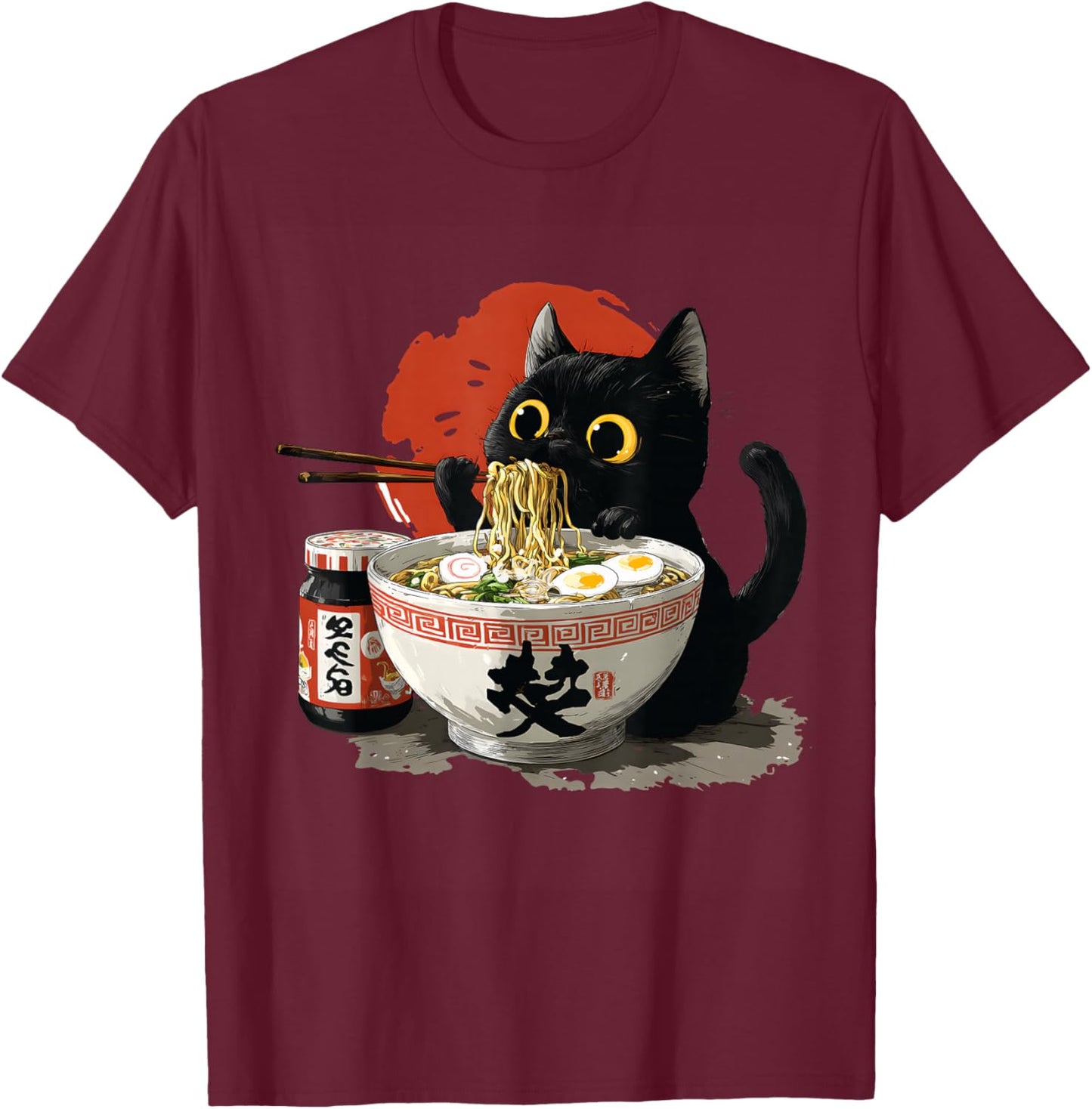 Funny Japanese Cat Eating Noodles Ramen T-Shirt - T-Shirt | Maroon