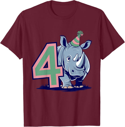 Kids 4th Birthday Rhino Kids T-Shirt - T-Shirt | Maroon