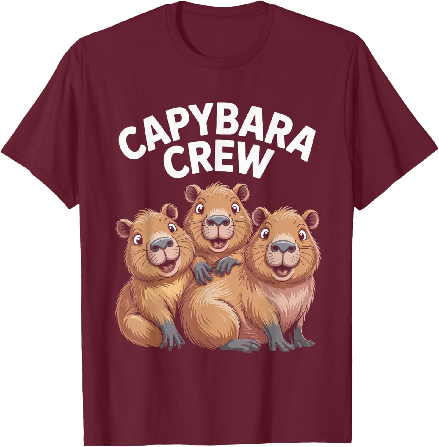 Capybara Crew Cartoon Funny Animal Themed Trio Retro Artwork T-Shirt - T-Shirt | Maroon