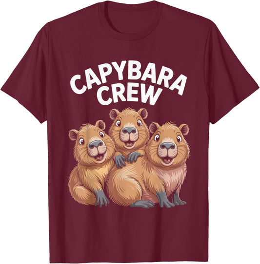 Capybara Crew Cartoon Funny Animal Themed Trio Retro Artwork T-Shirt - T-Shirt | Maroon