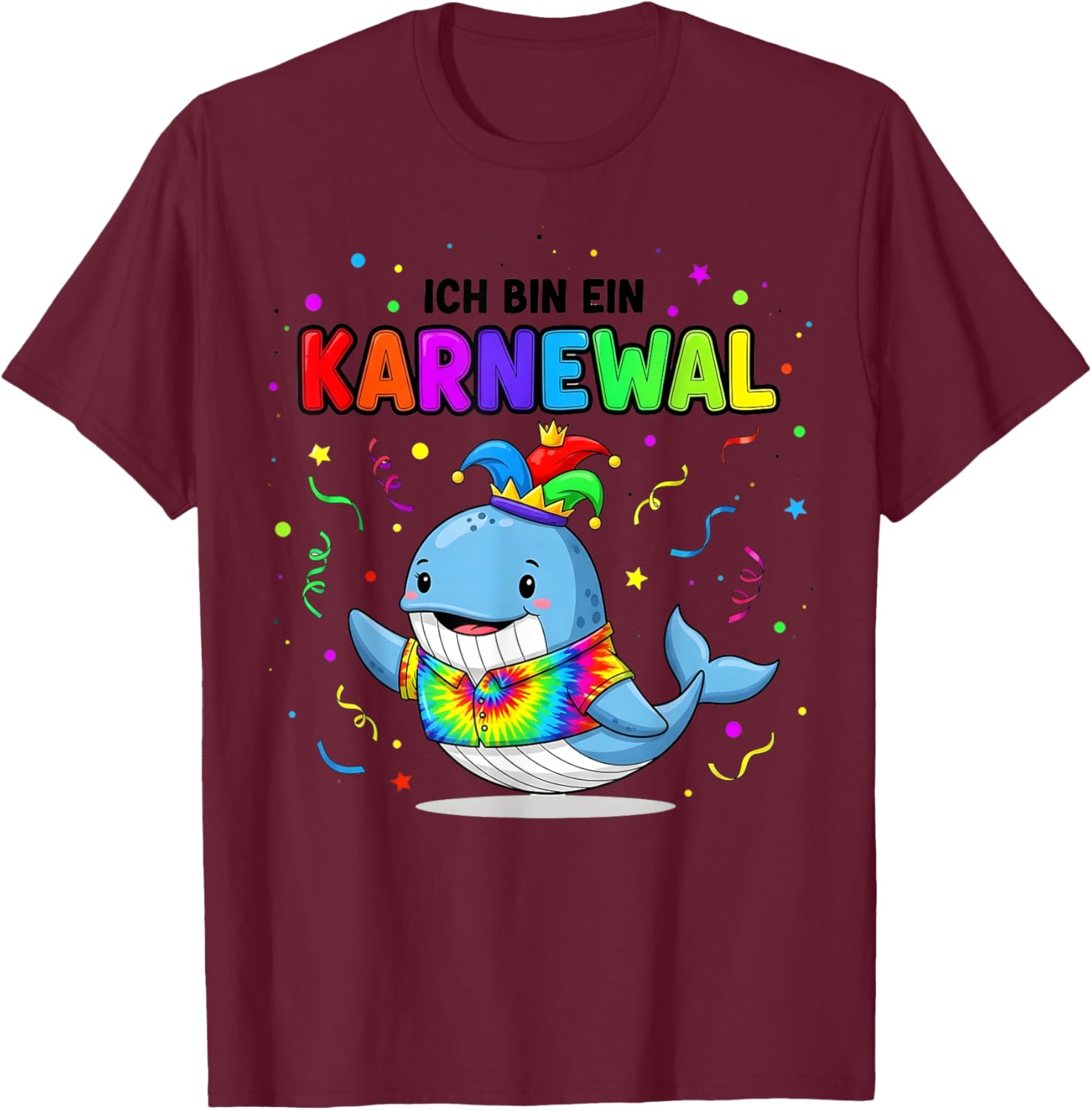 with German Text "Ich Bin Ein Karnewal" Funny Whale Motif T-Shirt - T-Shirt | Maroon