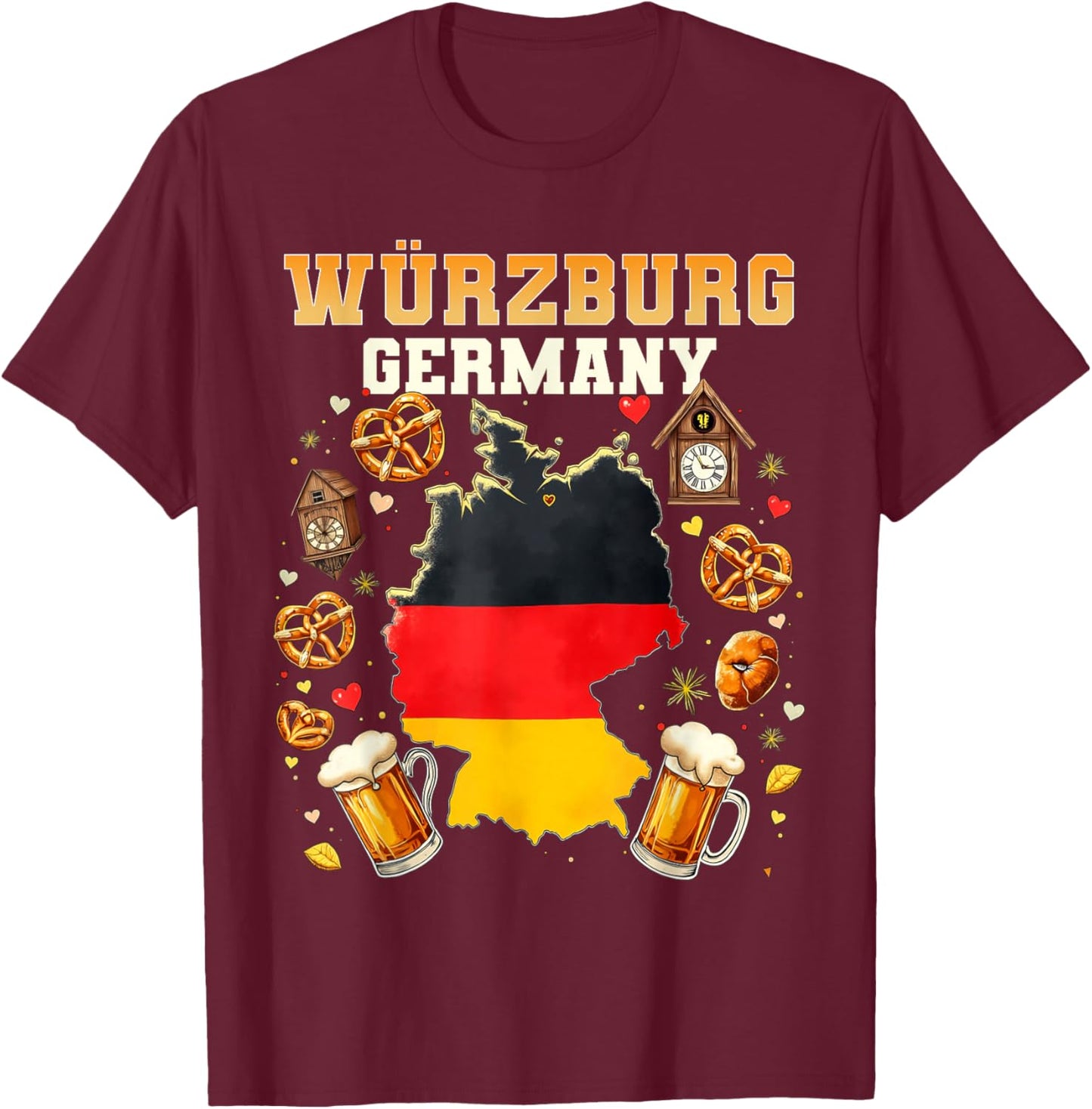 Würzburg Germany Souvenir German Flag Map Würzburg Vacation T-Shirt - T-Shirt | Maroon
