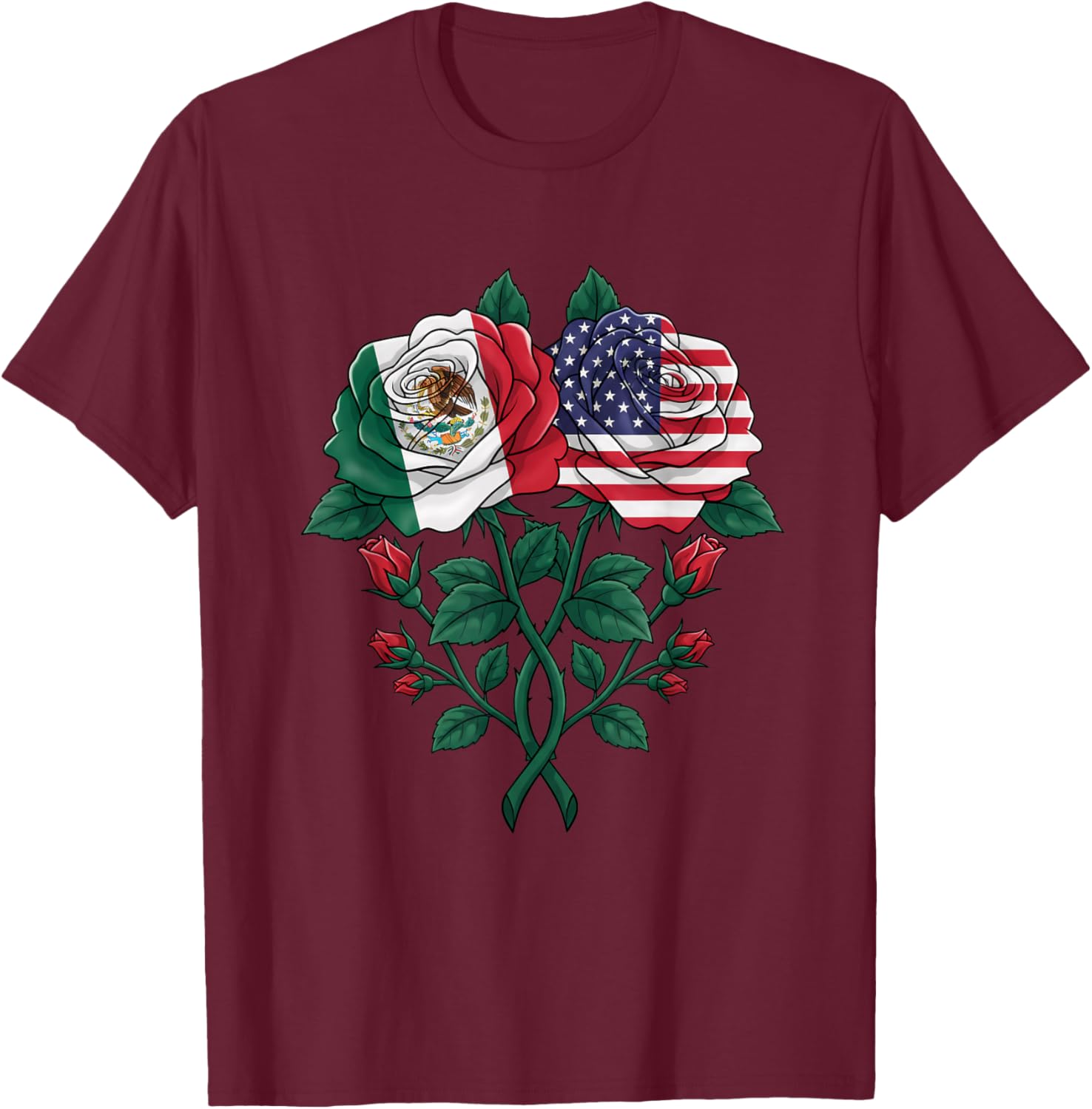 Mexican American Rose Two Flags Floral Latino USA Mexico T-Shirt - T-Shirt | Maroon