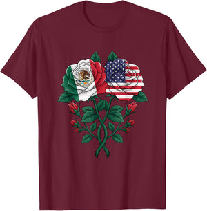 Mexican American Rose Two Flags Floral Latino USA Mexico T-Shirt - T-Shirt | Maroon