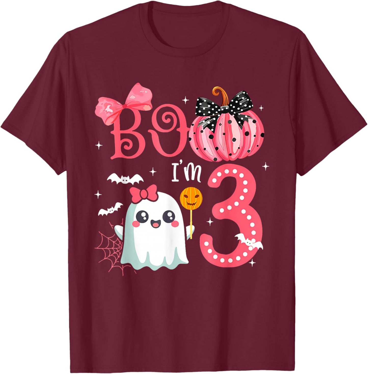 Boo I'M 3 Years Old Ghost 3Rd Birthday Halloween Ghost Girls T-Shirt - T-Shirt | Maroon