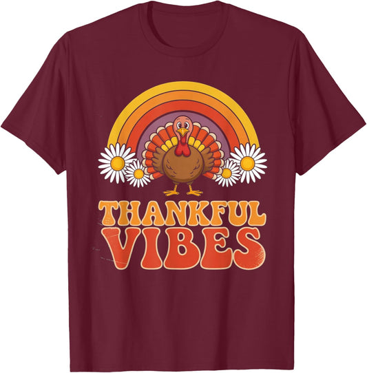 Thankful Vibes Turkey Rainbow Funny Retro Thanksgiving Gifts T-Shirt - T-Shirt | Maroon