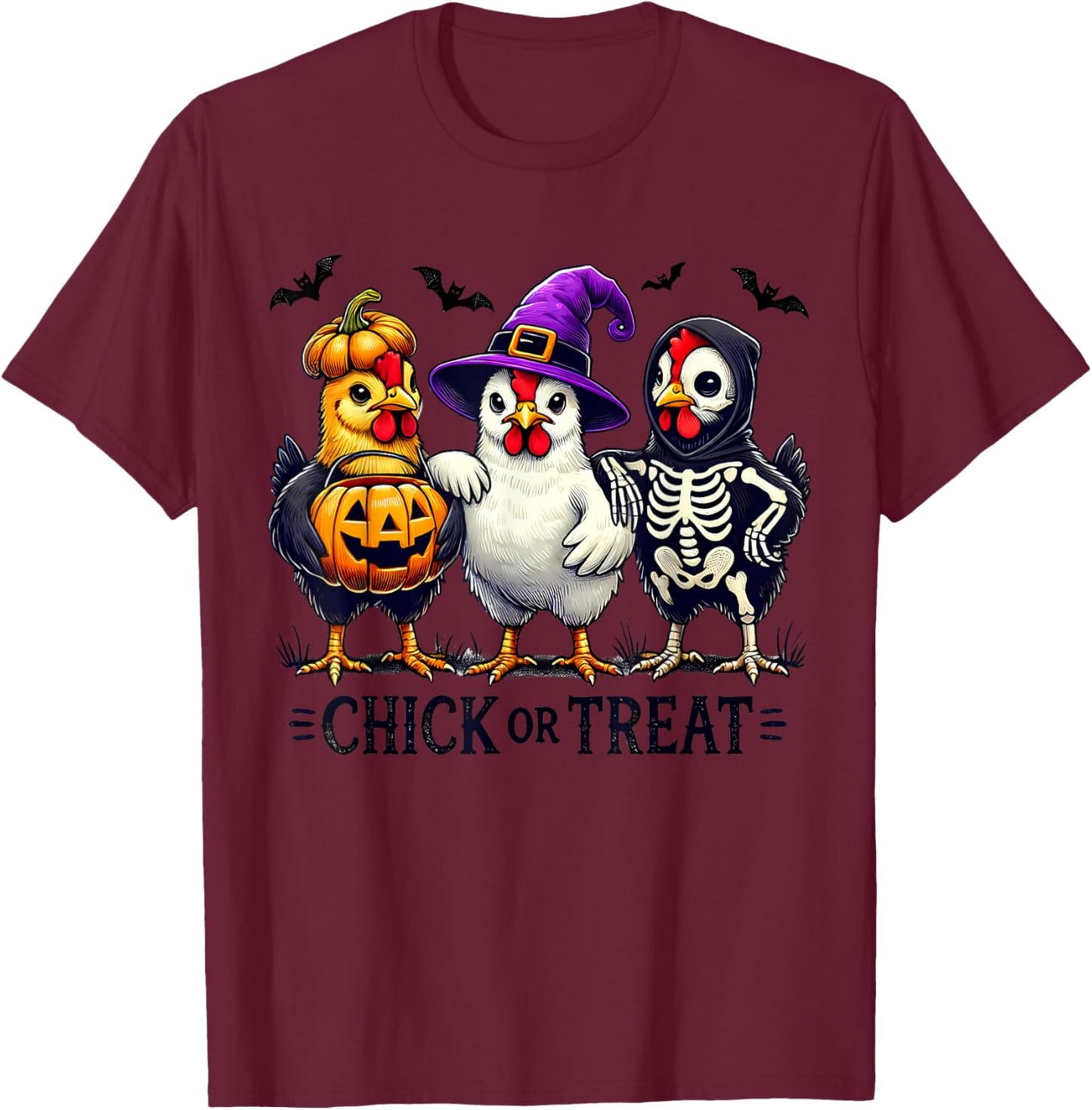 Funny Chick Or Treat Halloween Witch Spooky Chicken Pumpkin T-Shirt - T-Shirt | Maroon