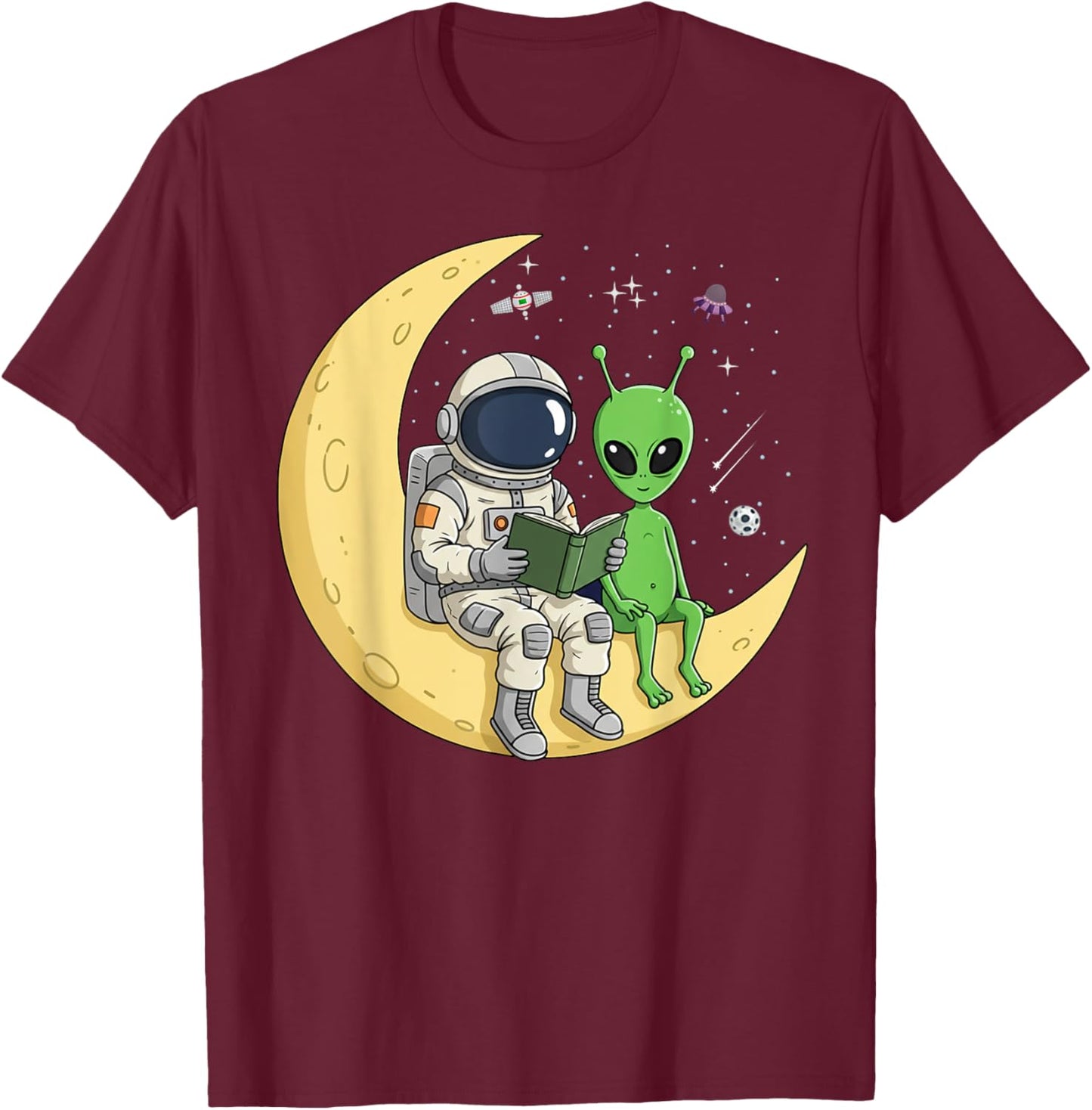Astronaut Reading Book To Alien Moon Space Women Kids Men T-Shirt - T-Shirt | Maroon