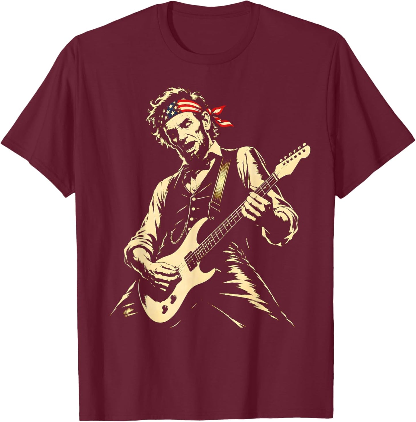 US Flag Bandana Abraham Lincoln Playing Guitar 4th of July T-Shirt - T-Shirt | Maroon