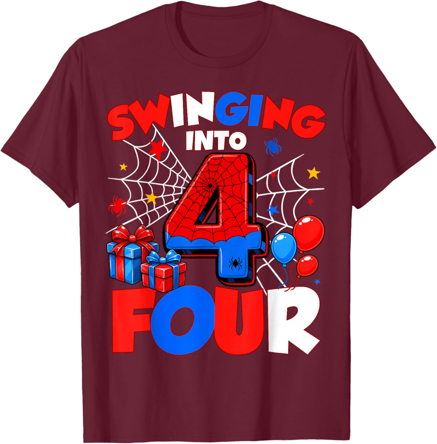 Swinging Into Four 4th Birthday Spiders 4 Year Old Boys T-Shirt - T-Shirt | Maroon