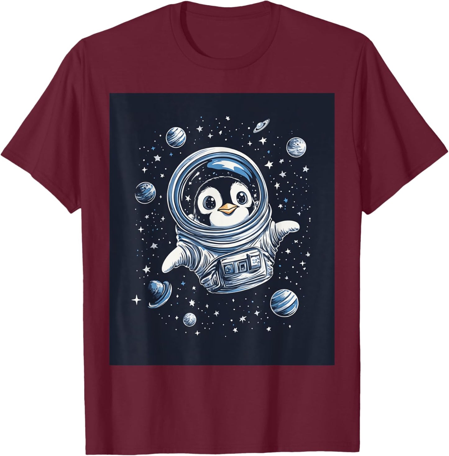 Cute Penguin in Space Floating Among Stars Apparel T-Shirt - T-Shirt | Maroon