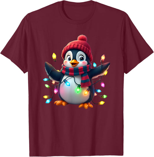 Christmas Lights Penguin Wearing Xmas Hat Penguin Lovers T-Shirt - T-Shirt | Maroon