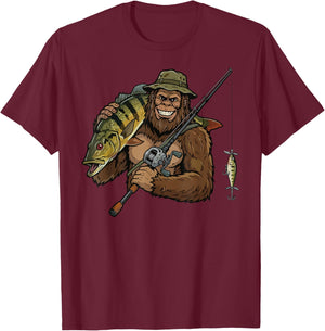 Peacock Bass Fishing Funny Bigfoot T-Shirt - T-Shirt | Maroon