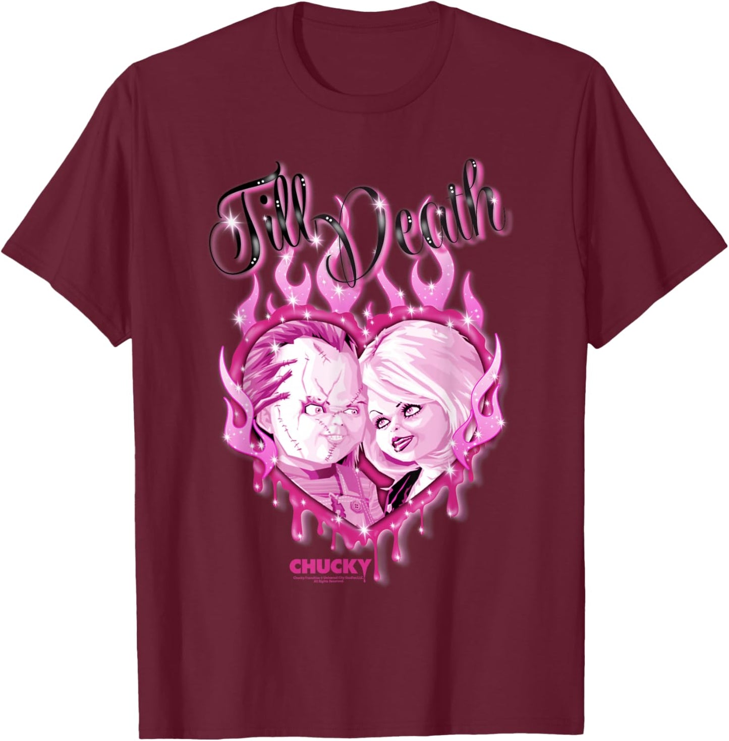 Chucky and Tiffany Till Death Flaming Heart T-Shirt - T-Shirt | Maroon