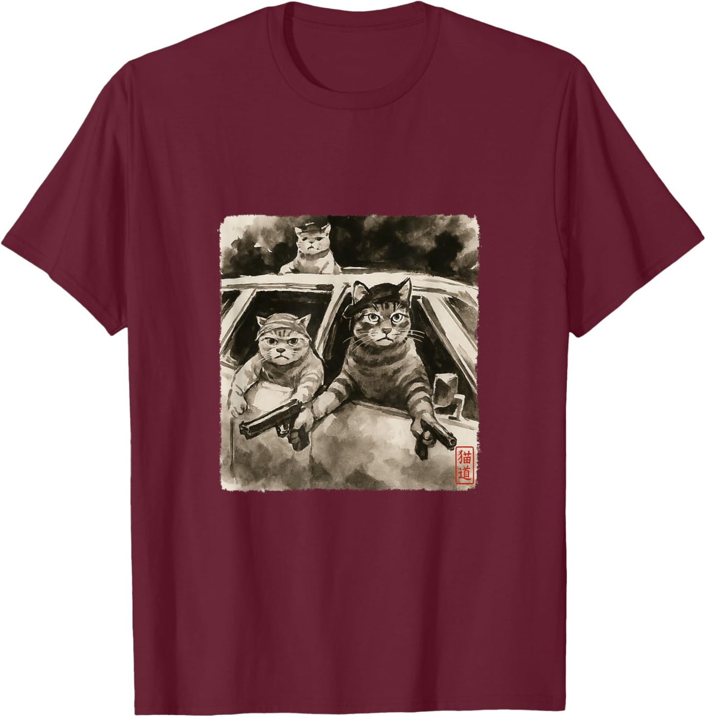 Cat Gang Meme Japanese Art Funny Gangster Cats Sumi-e Kawaii T-Shirt - T-Shirt | Maroon