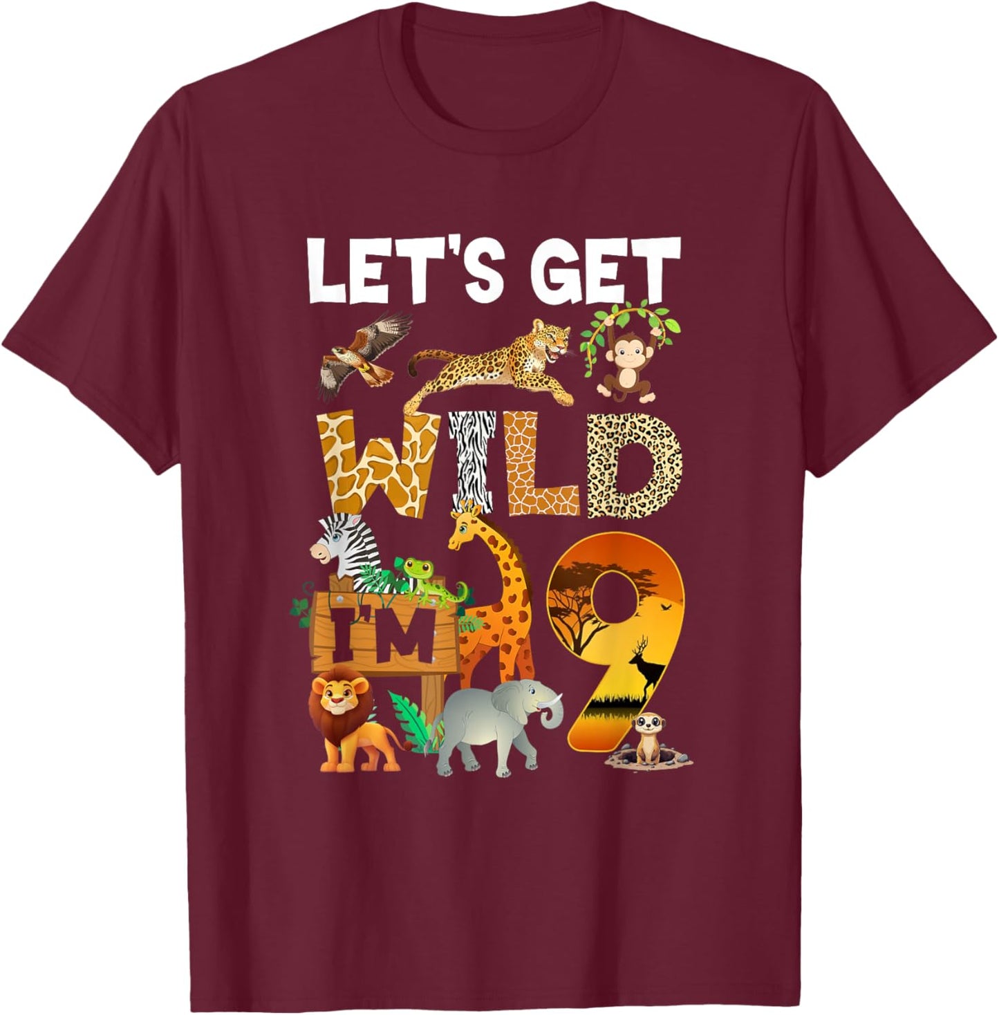 9 Year Old Zoo Birthday Safari Jungle Animal 9Th Bday T-Shirt - T-Shirt | Maroon