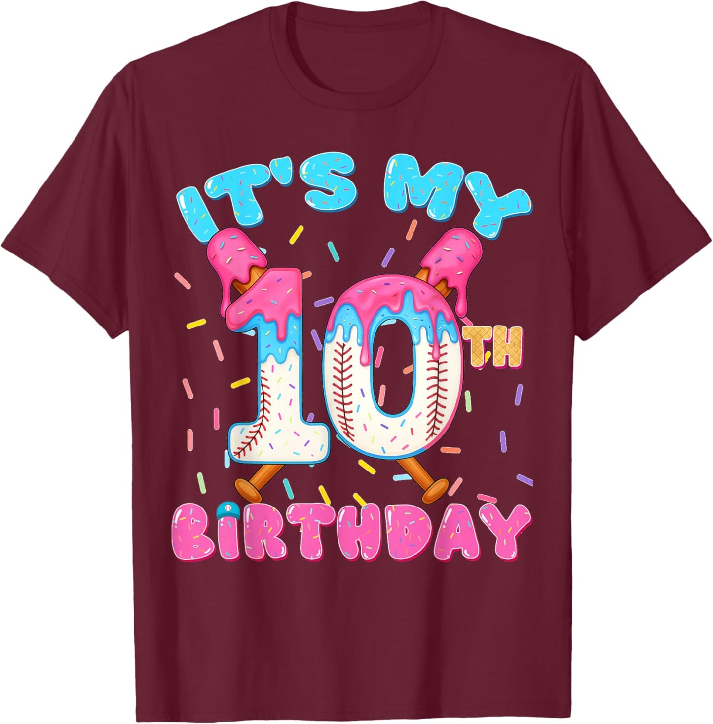 Baseball 10 Year Old Ice Cream Drip 10th Birthday Boy 10 T-Shirt - T-Shirt | Maroon