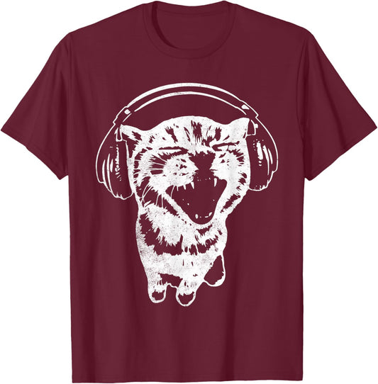 Cute Headphones Cat Y2K T-Shirt - T-Shirt | Maroon