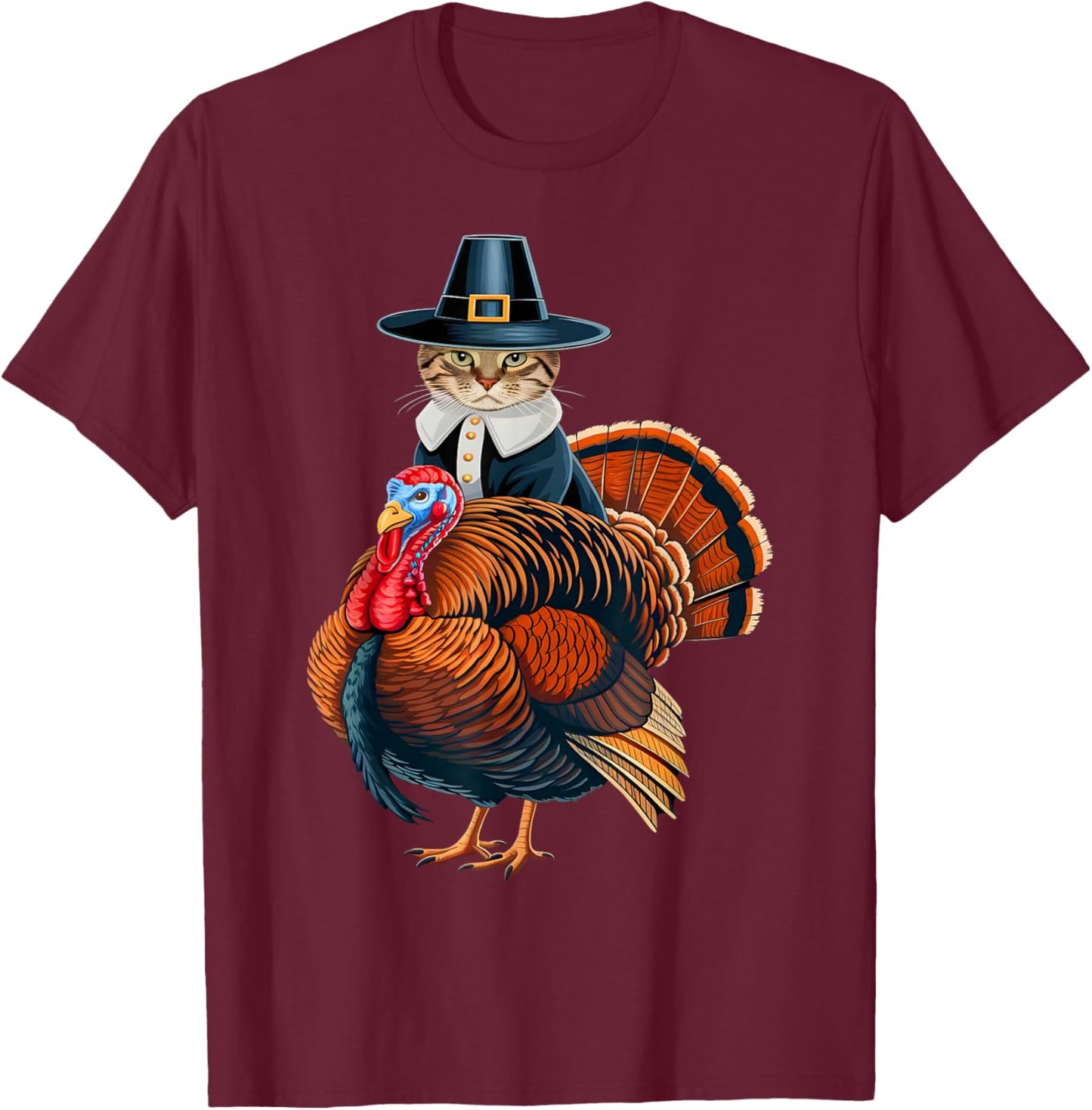 Pilgrim Cat With Turkey Funny Thanksgiving Cat And Turkey T-Shirt - T-Shirt | Maroon