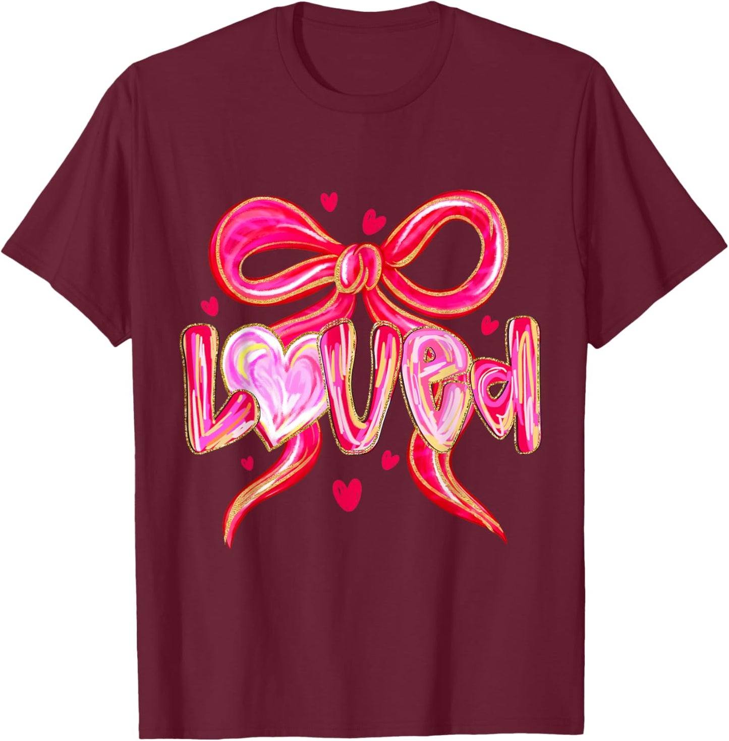 Preppy Valentines Day Loved Bow Hearts Women Girls Matching T-Shirt - T-Shirt | Maroon