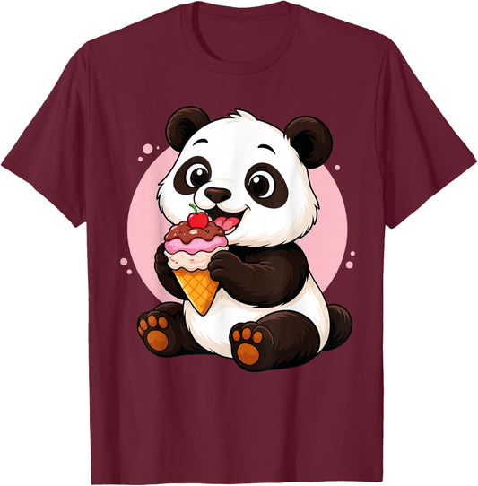 Panda Eating Ice Cream Graphic Boys Girls Panda Lover T-Shirt - T-Shirt | Maroon