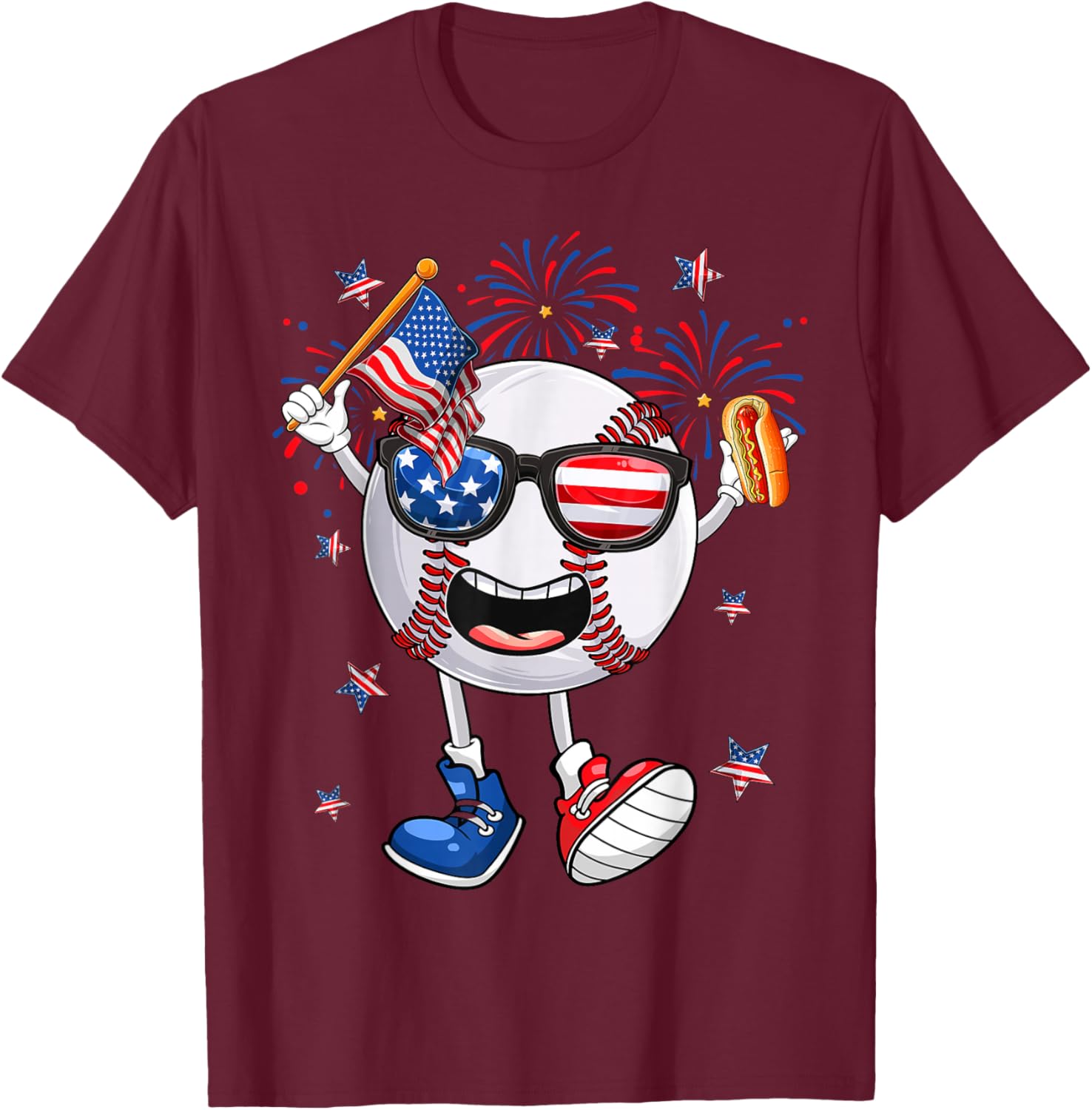 Baseball Holding Hotdog USA Independence Day 4th Of July T-Shirt - T-Shirt | Maroon