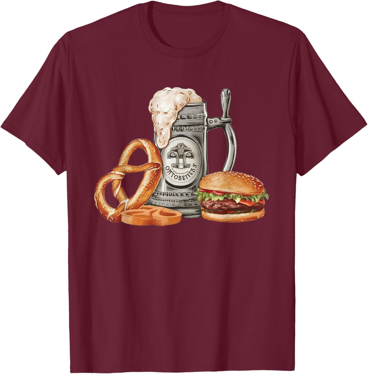 Oktoberfest Beer Mug with Pretzel and Burger, Festive Bavar T-Shirt - T-Shirt | Maroon