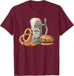 Oktoberfest Beer Mug with Pretzel and Burger, Festive Bavar T-Shirt - T-Shirt | Maroon